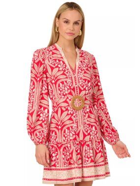 Adrianna Papell Red Ivory Cream Split Neck Palm Print Mini Dress Size 16